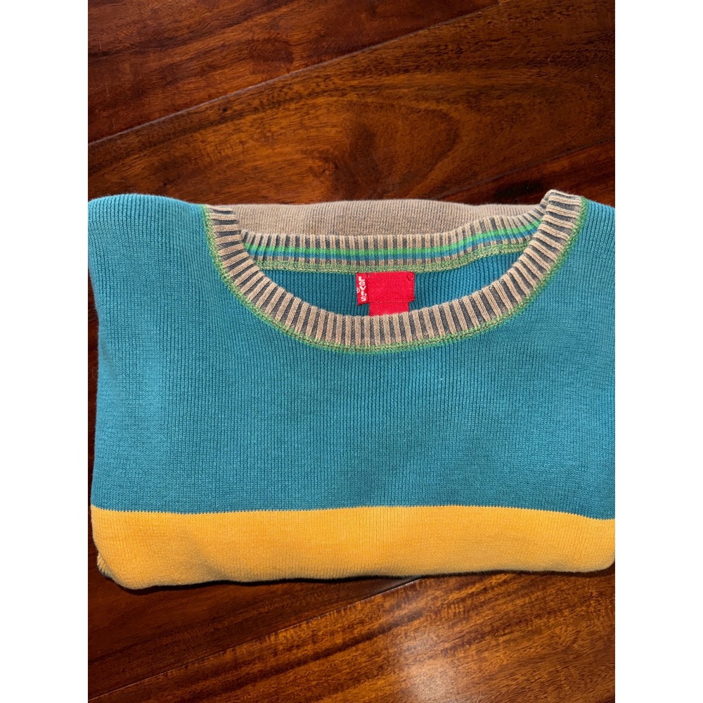 Levis Vintage Mens XL Colorblock Crewneck Sweater TealYellow Grey 100% Cotton